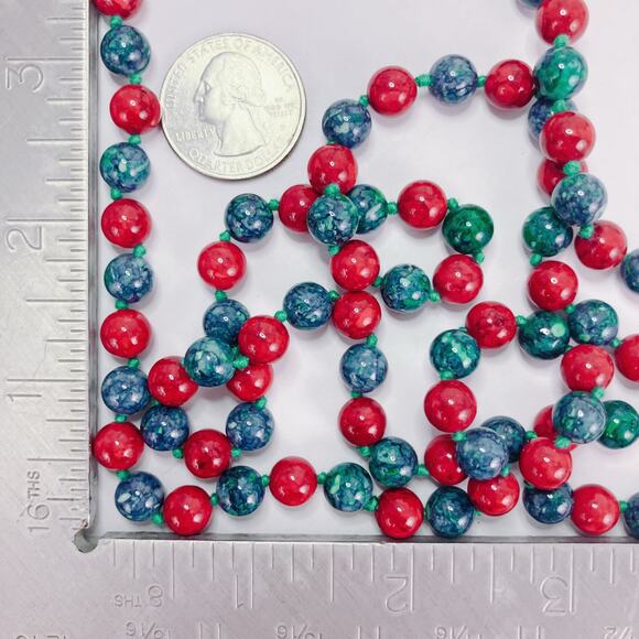 Vintage Dyed Stone Bead Opera Length Necklace Red Blue Green Hand Knotted - Picture 8 of 8